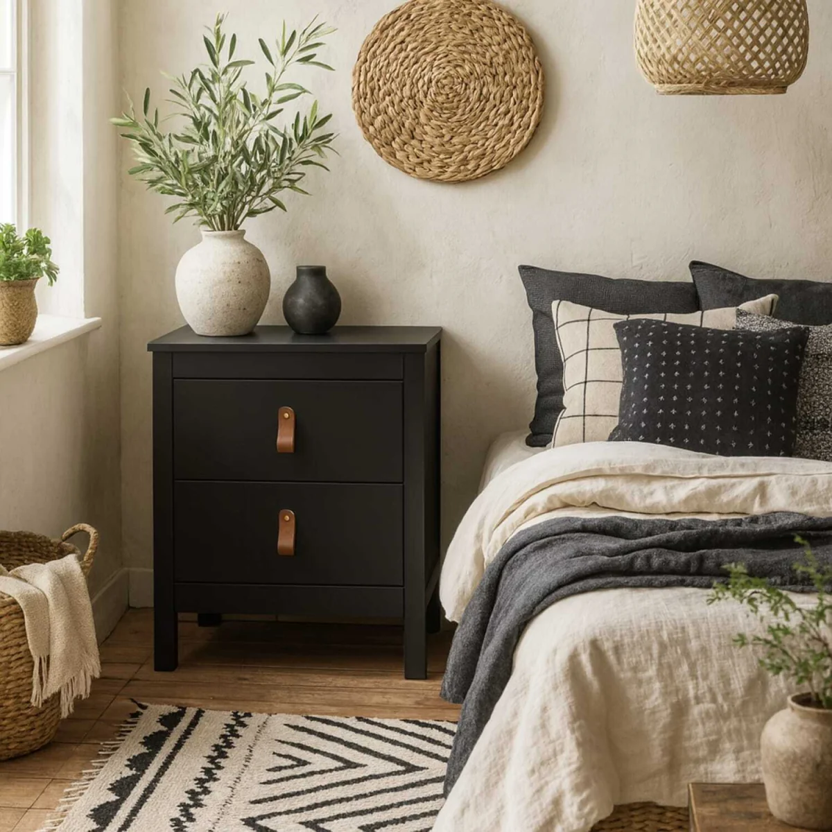 Wildberry Matt Bedside Table 2 Drawers Leather Handles - Black – image 2