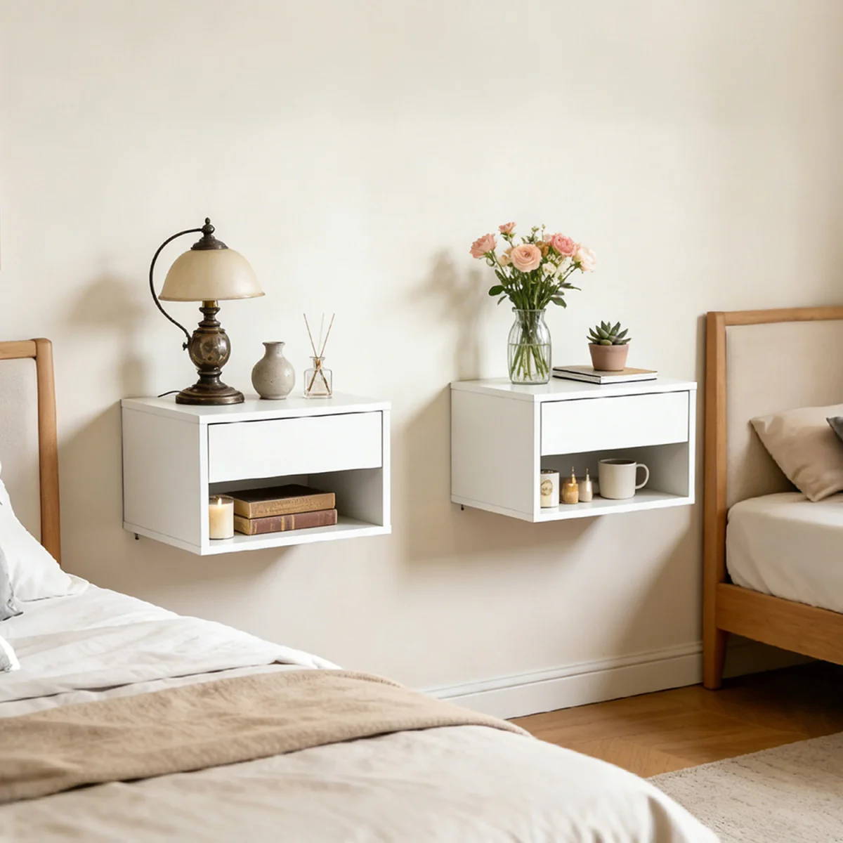 Bedside Table Floating Set of 2 Wall Mounted Drawer Open Shelf White - White – image 5
