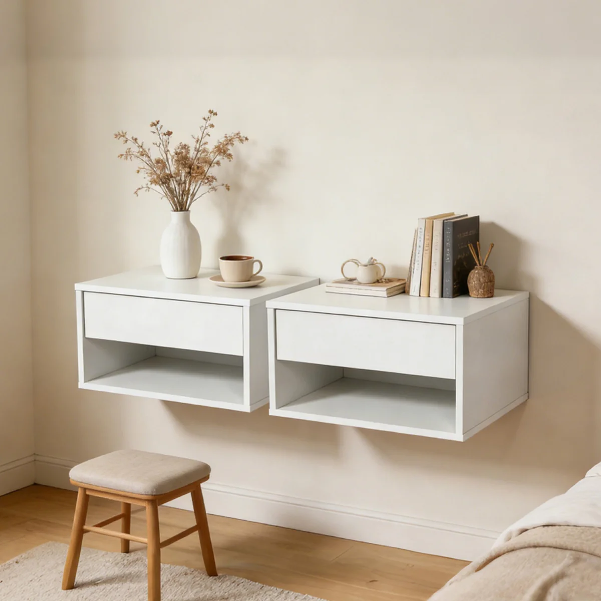 Bedside Table Floating Set of 2 Wall Mounted Drawer Open Shelf White - White – image 8