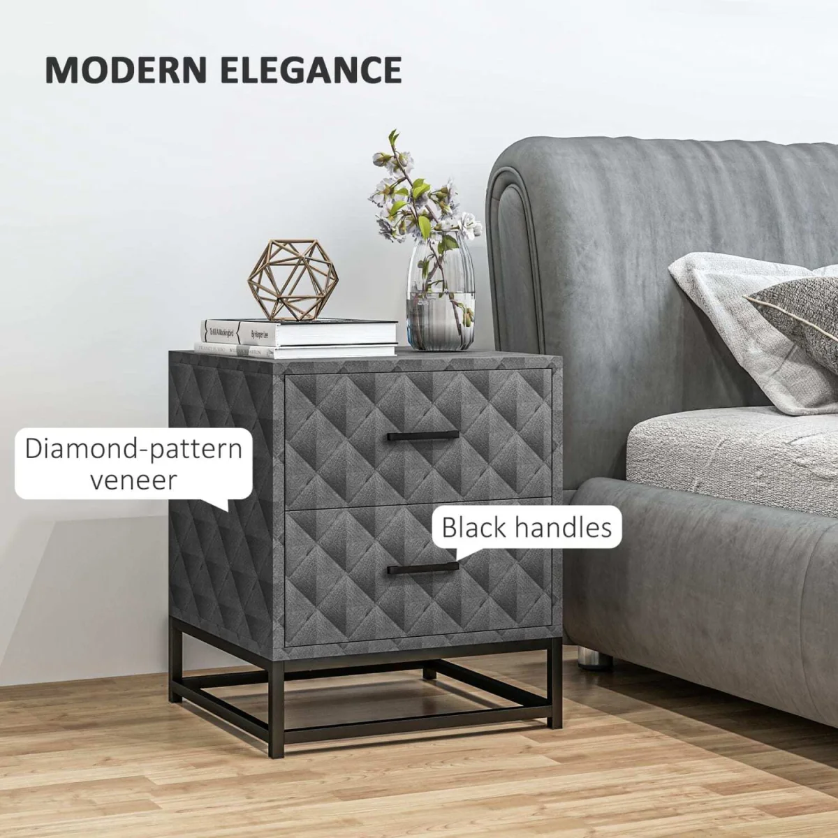 Nonare Set of 2 Grey Bedside Tables with 2 Drawers and Steel Legs – image 5