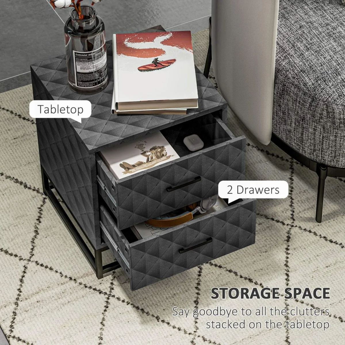 Nonare Set of 2 Grey Bedside Tables with 2 Drawers and Steel Legs – image 6