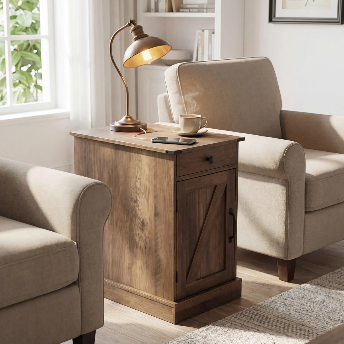 Narrow Wooden Nightstand with Power Outlets - Brown – image 2