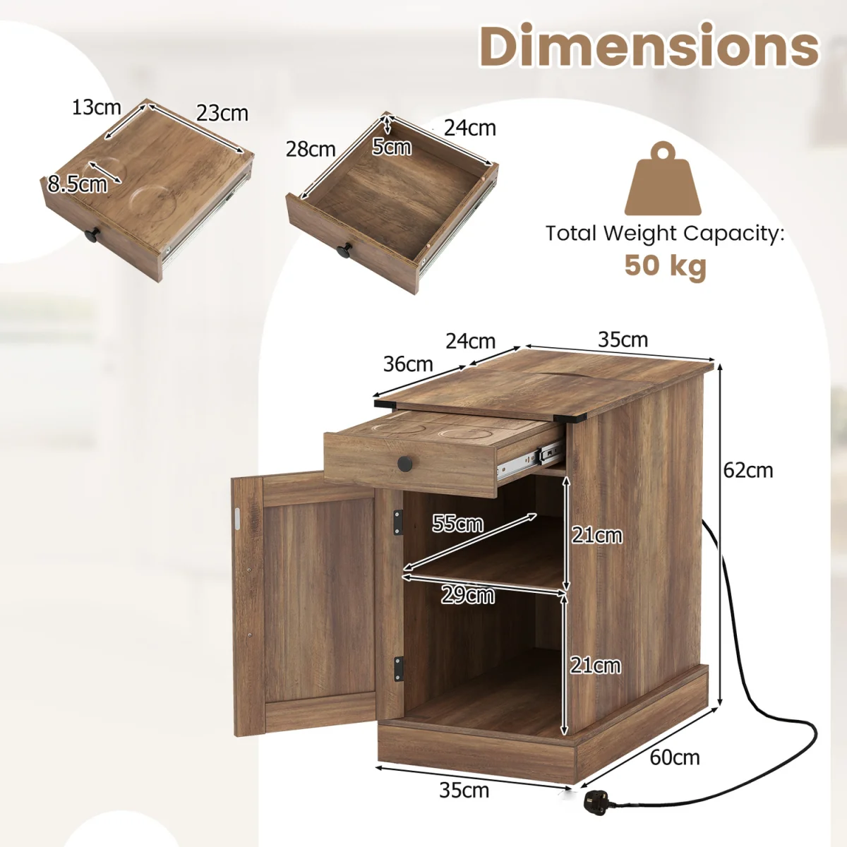 Narrow Wooden Nightstand with Power Outlets - Brown – image 3