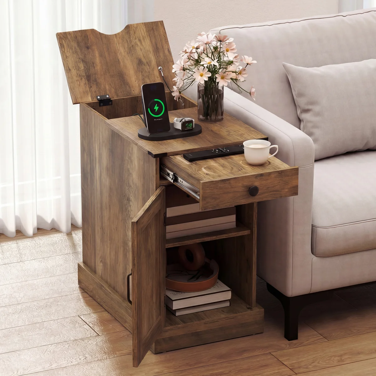 Narrow Wooden Nightstand with Power Outlets - Brown – image 4