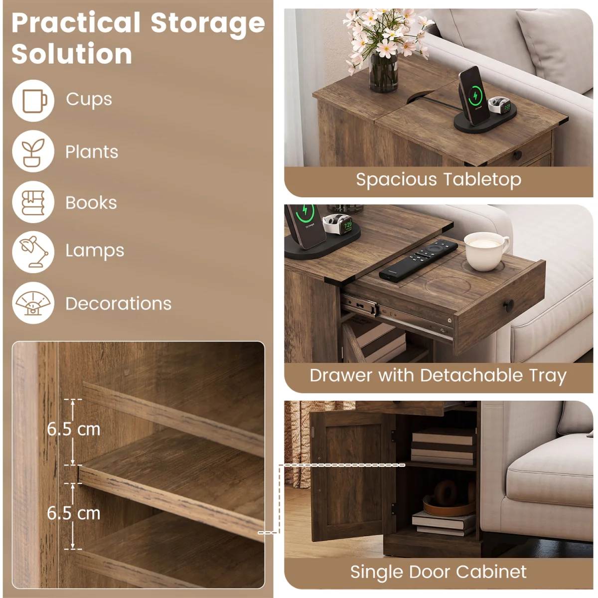 Narrow Wooden Nightstand with Power Outlets - Brown – image 6