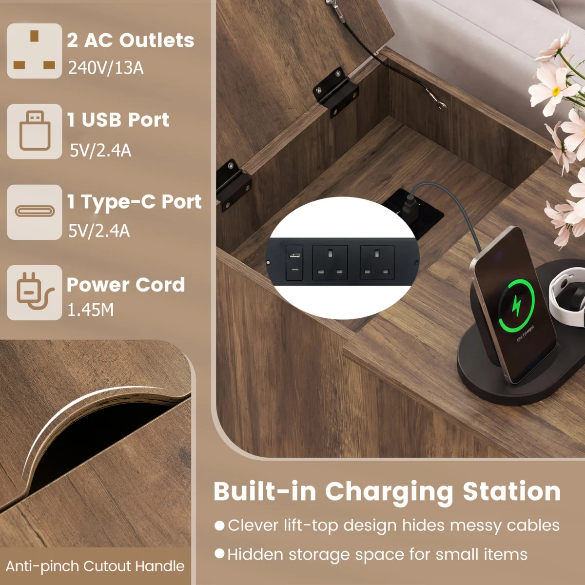 Narrow Wooden Nightstand with Power Outlets - Brown – image 7