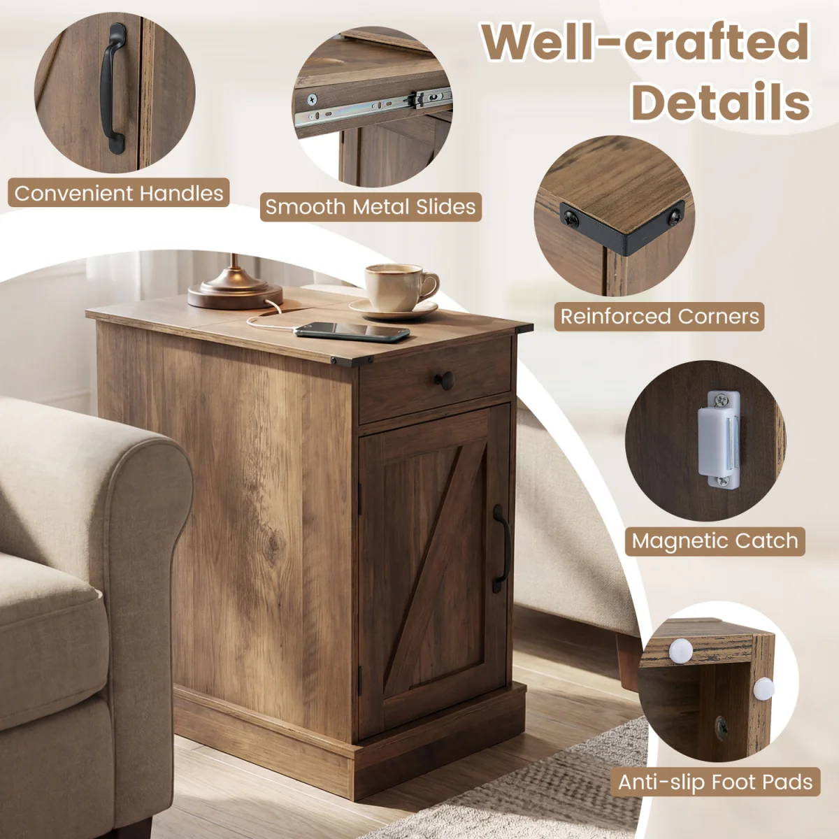 Narrow Wooden Nightstand with Power Outlets - Brown – image 8