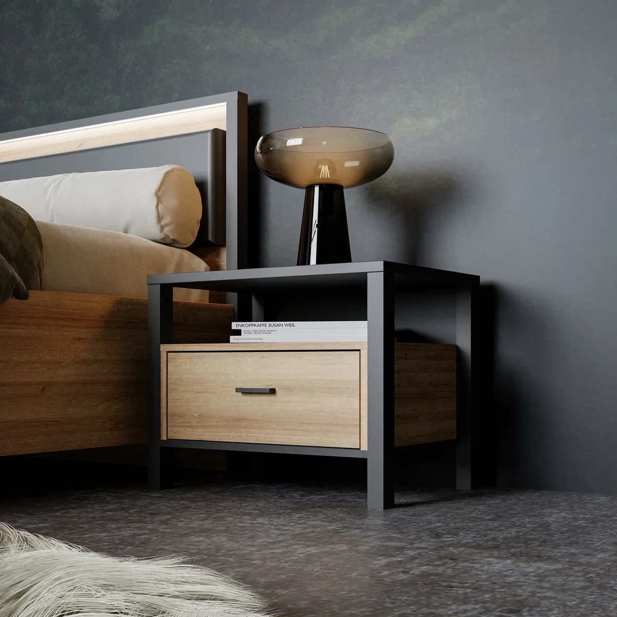 High Rock Bedside in Matt Black/Riviera Oak - Black & Riviera Oak – image 2