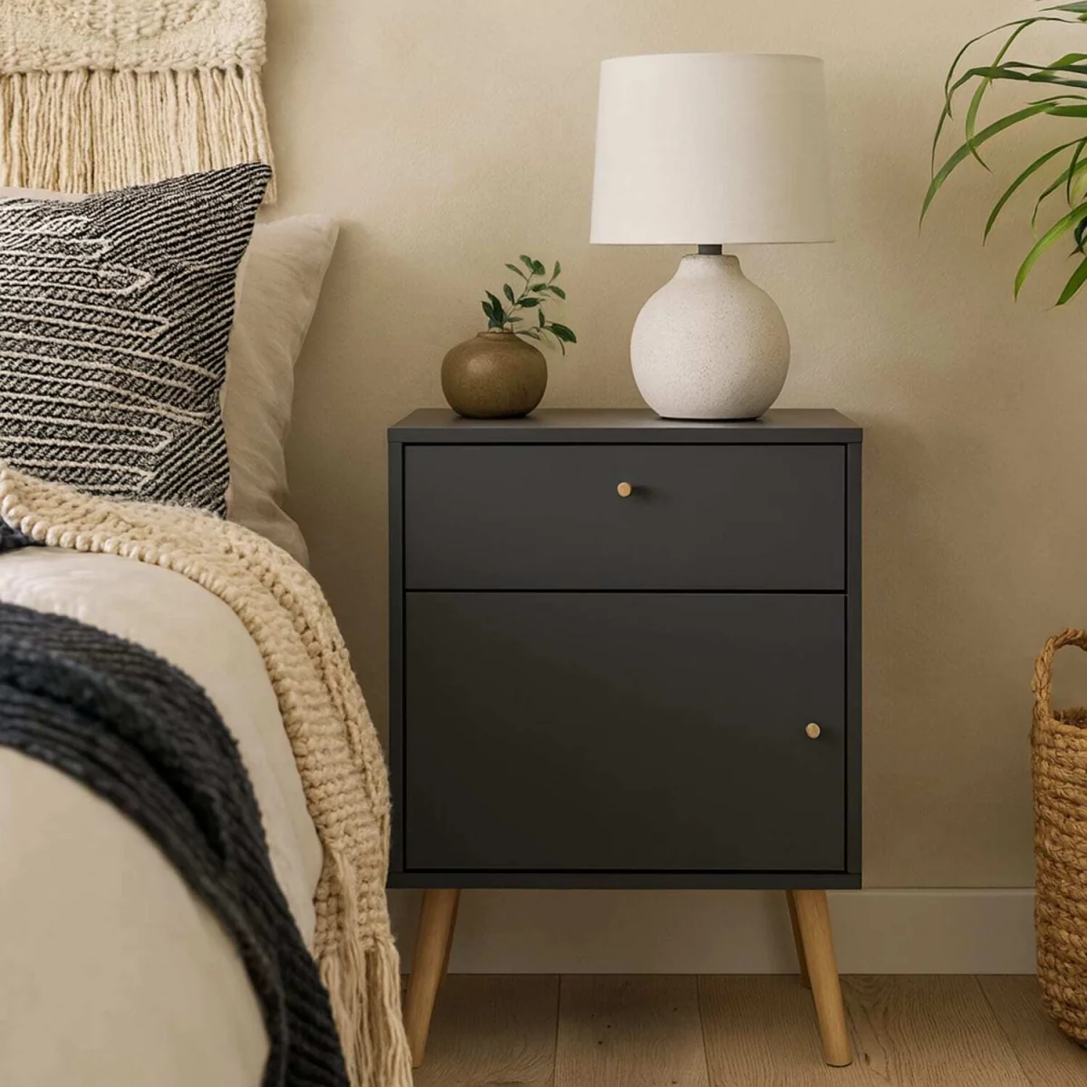 Quietbloom Dark Grey Bedside Table, 1 Door 1 Drawer, Solid Oak Legs - Grey – image 1