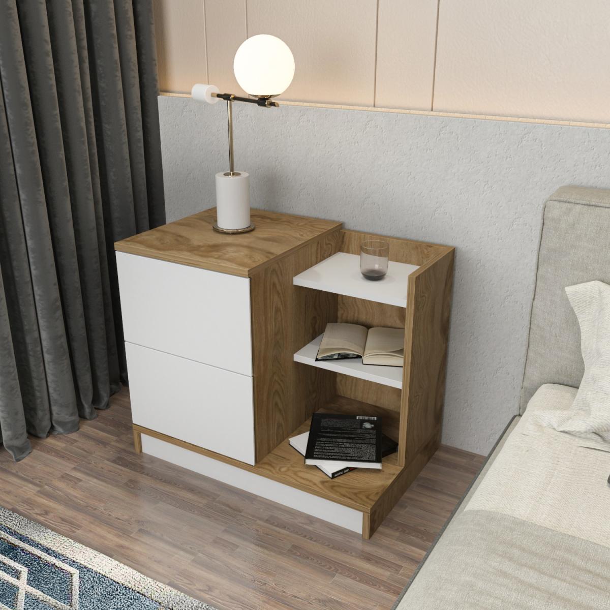 Rena Modern Nightstand Bedside Table - White & Oud Oak Pattern – image 4