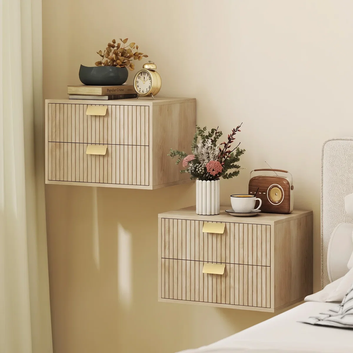 HOMCOM 2pcs Modern Floating Nightstands, 2 Drawers Bedside Tables - Oak – image 2