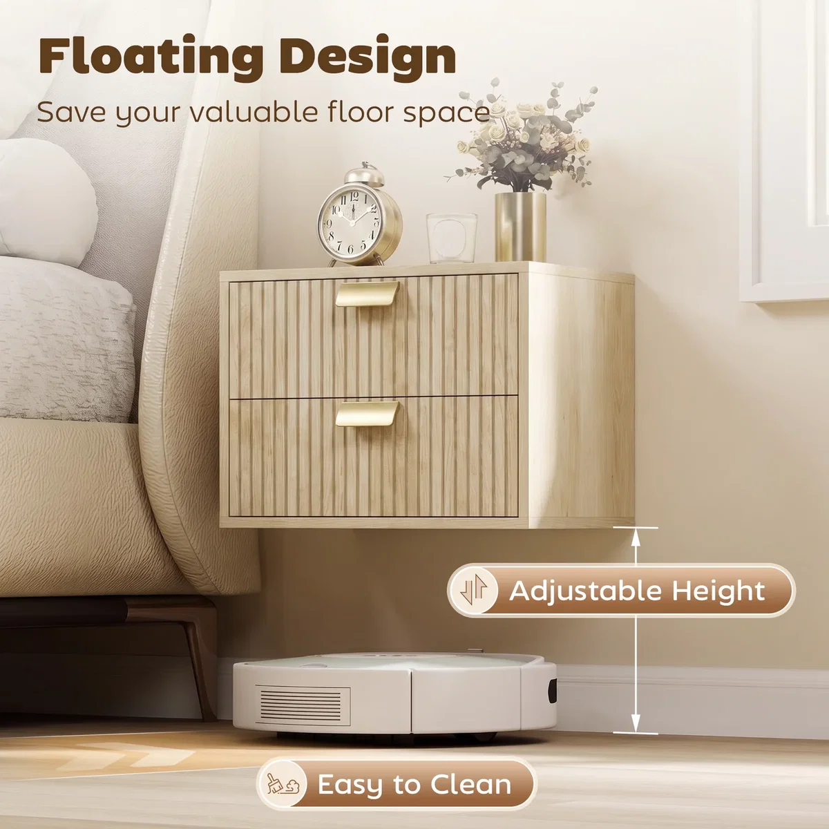 HOMCOM 2pcs Modern Floating Nightstands, 2 Drawers Bedside Tables - Oak – image 4