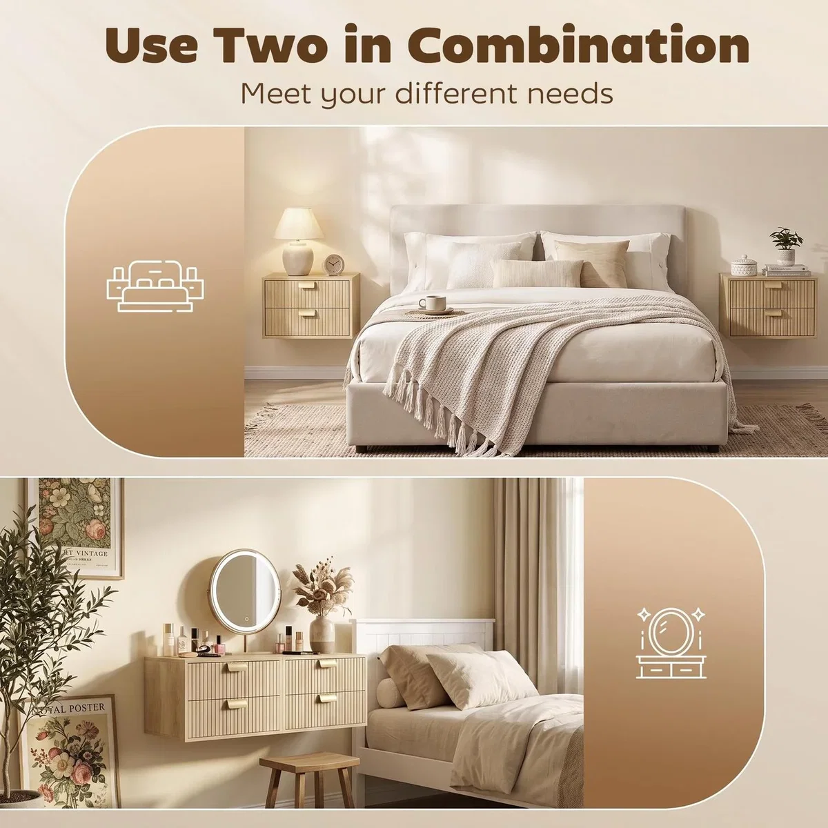 HOMCOM 2pcs Modern Floating Nightstands, 2 Drawers Bedside Tables - Oak – image 6