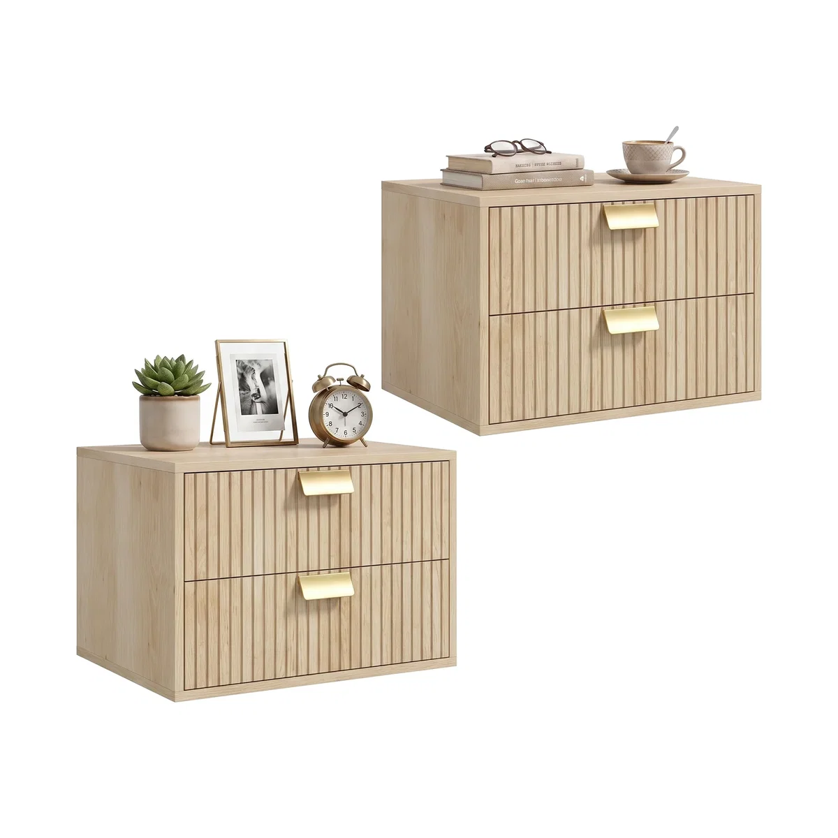 HOMCOM 2pcs Modern Floating Nightstands, 2 Drawers Bedside Tables - Oak – image 1