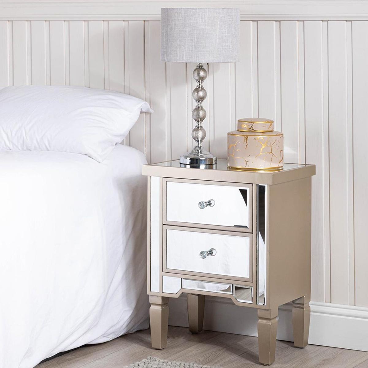 Mia 2 Drawer Mirrored Beside Table - Champaigne – image 9
