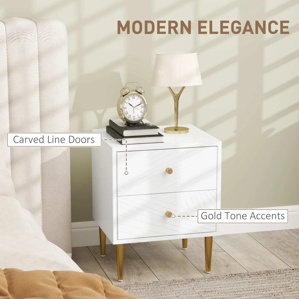 Dina White and Gold 2-Drawer Bedside Table – image 4