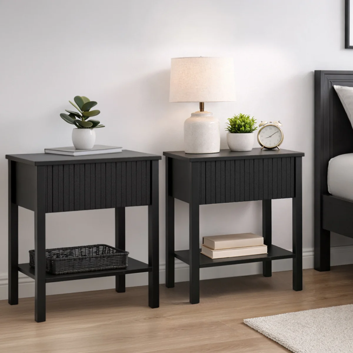 Pair of Axis 1 Drawer Fluted Bedside Cabinet Chest Table Black - Black – image 1