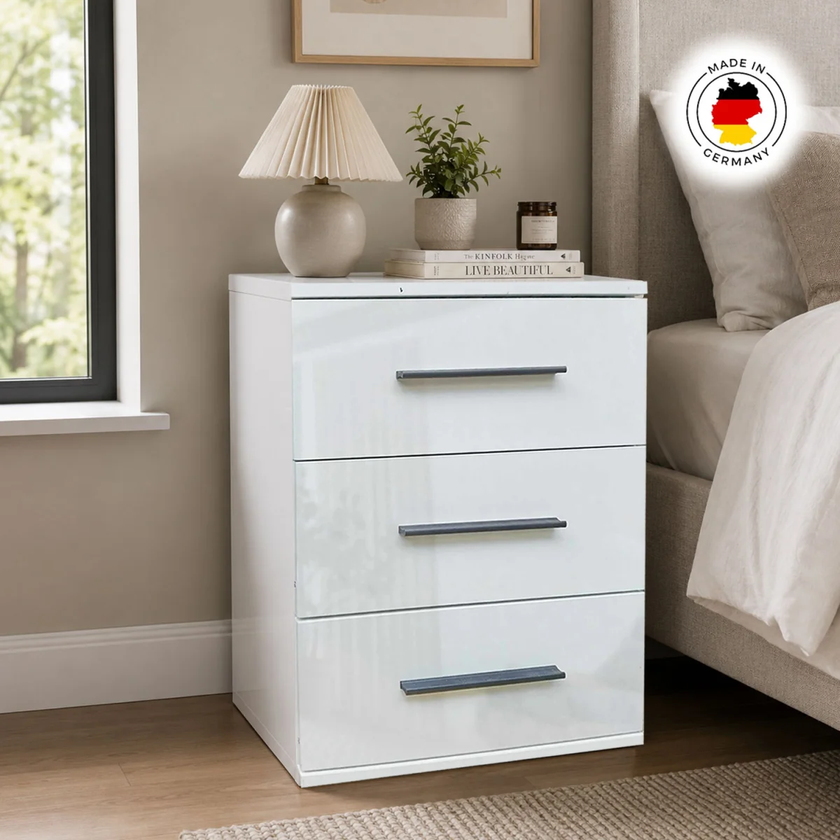 Swindon Gloss White and Matt White 3 Drawer Bedside Cabinet - White – image 3