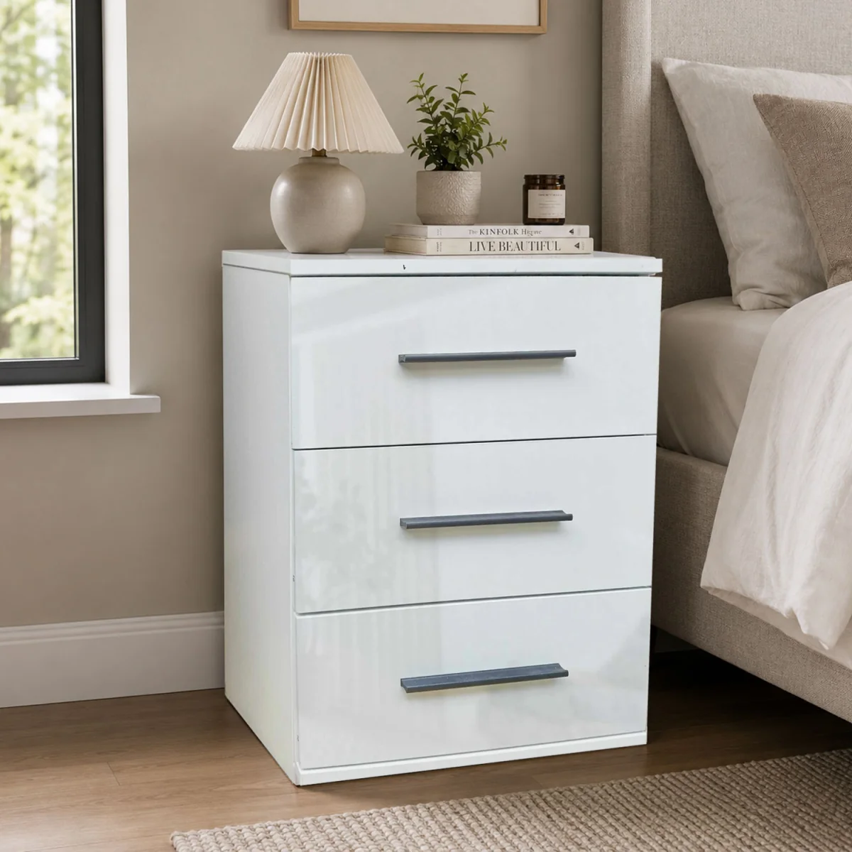 Swindon Gloss White and Matt White 3 Drawer Bedside Cabinet - White – image 1