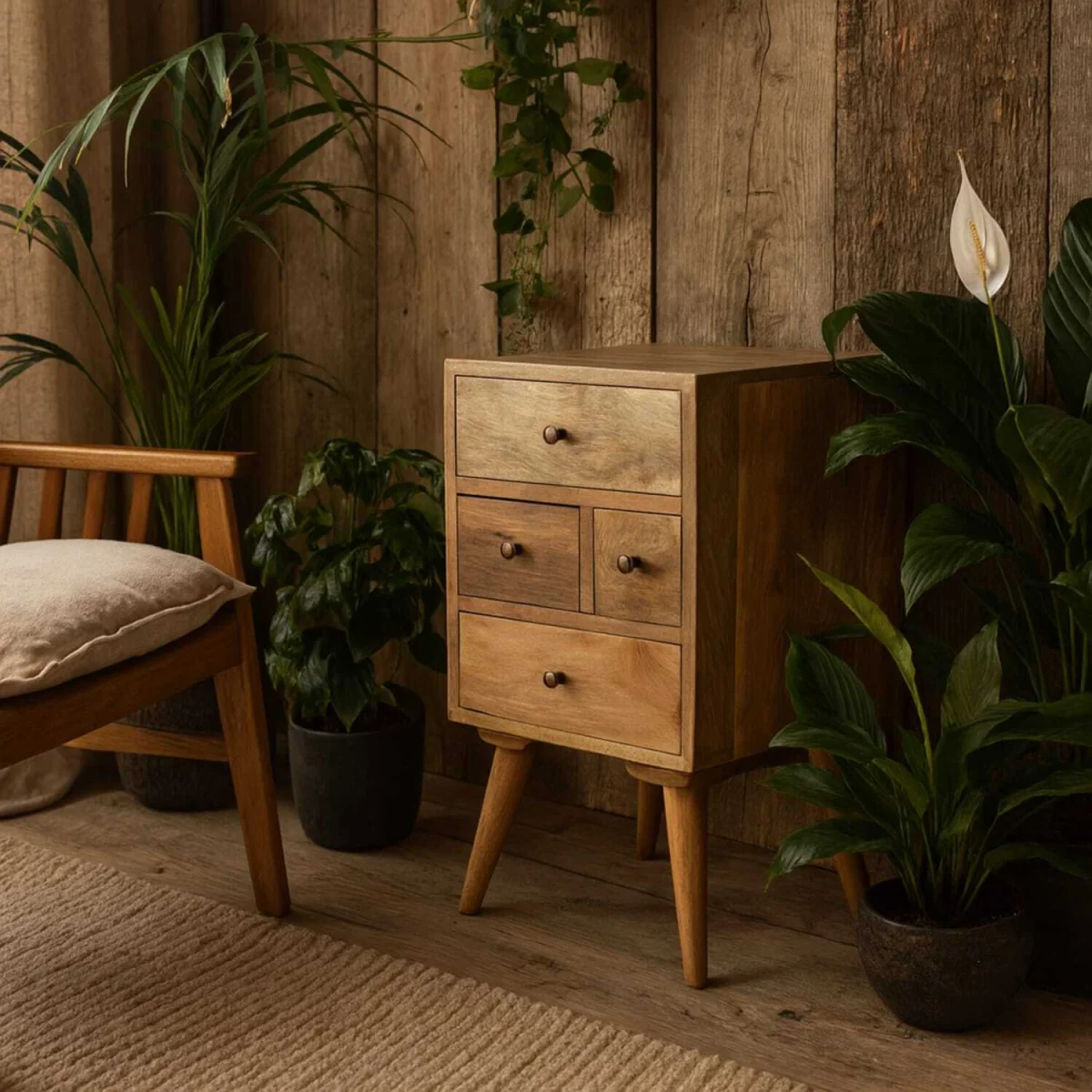 Pitigliano Nordic Bedside Table Solid Mango Wood 4 Drawers - Brown – image 1