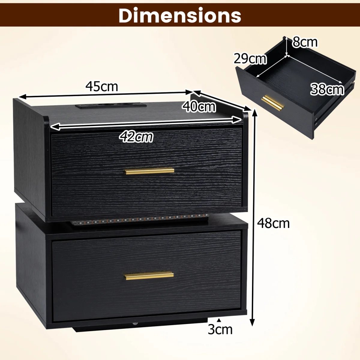 LED Bedside Table Nightstand - Black – image 2