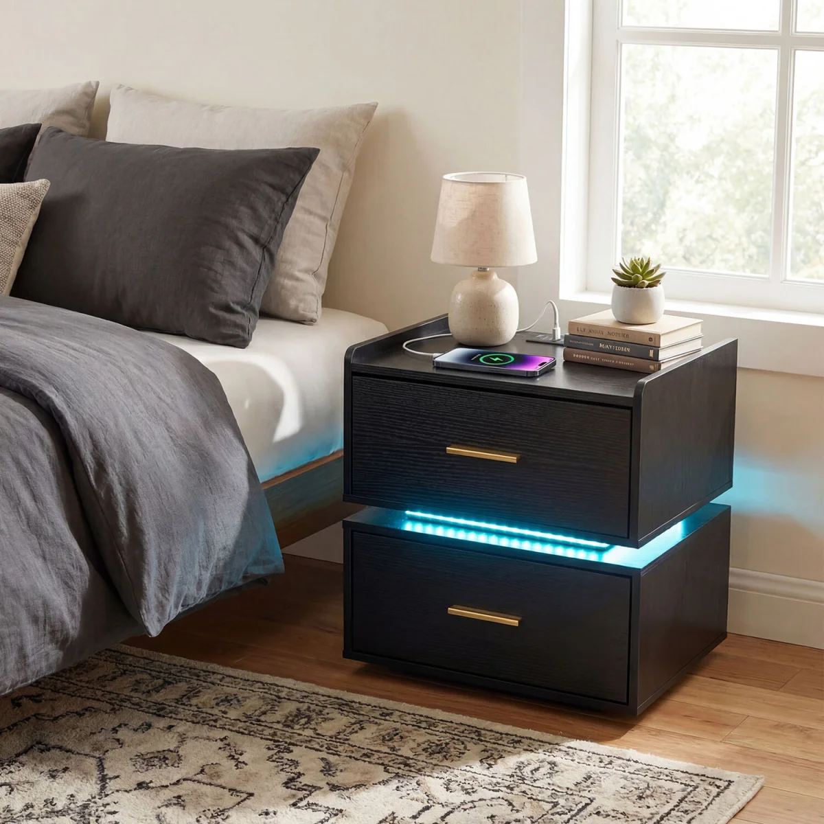 LED Bedside Table Nightstand - Black – image 6