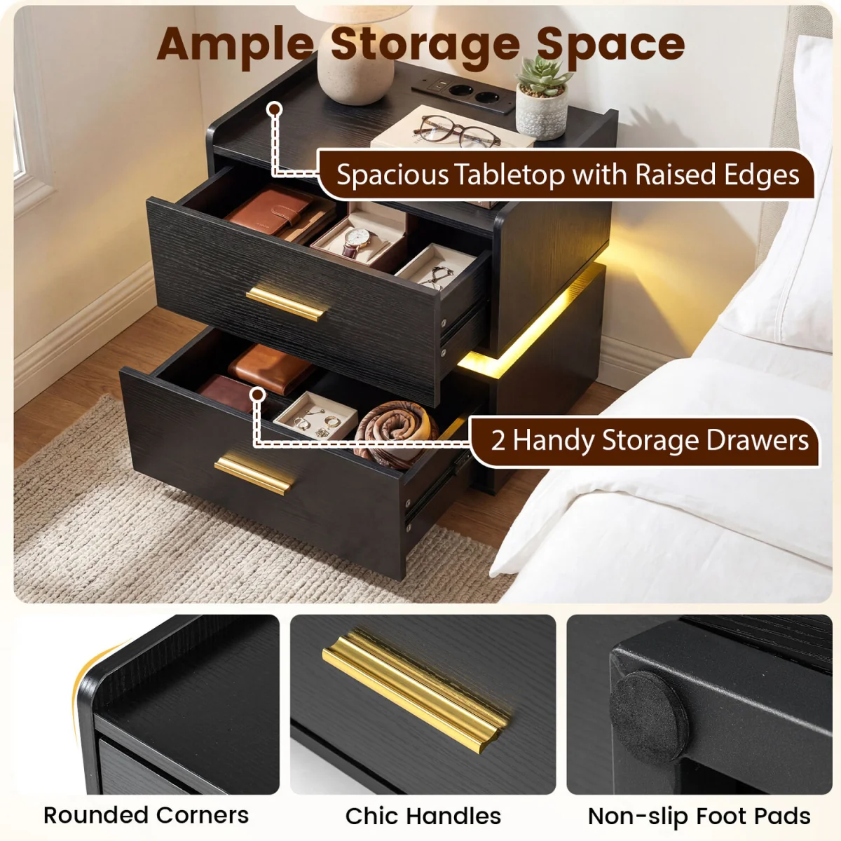 LED Bedside Table Nightstand - Black – image 7