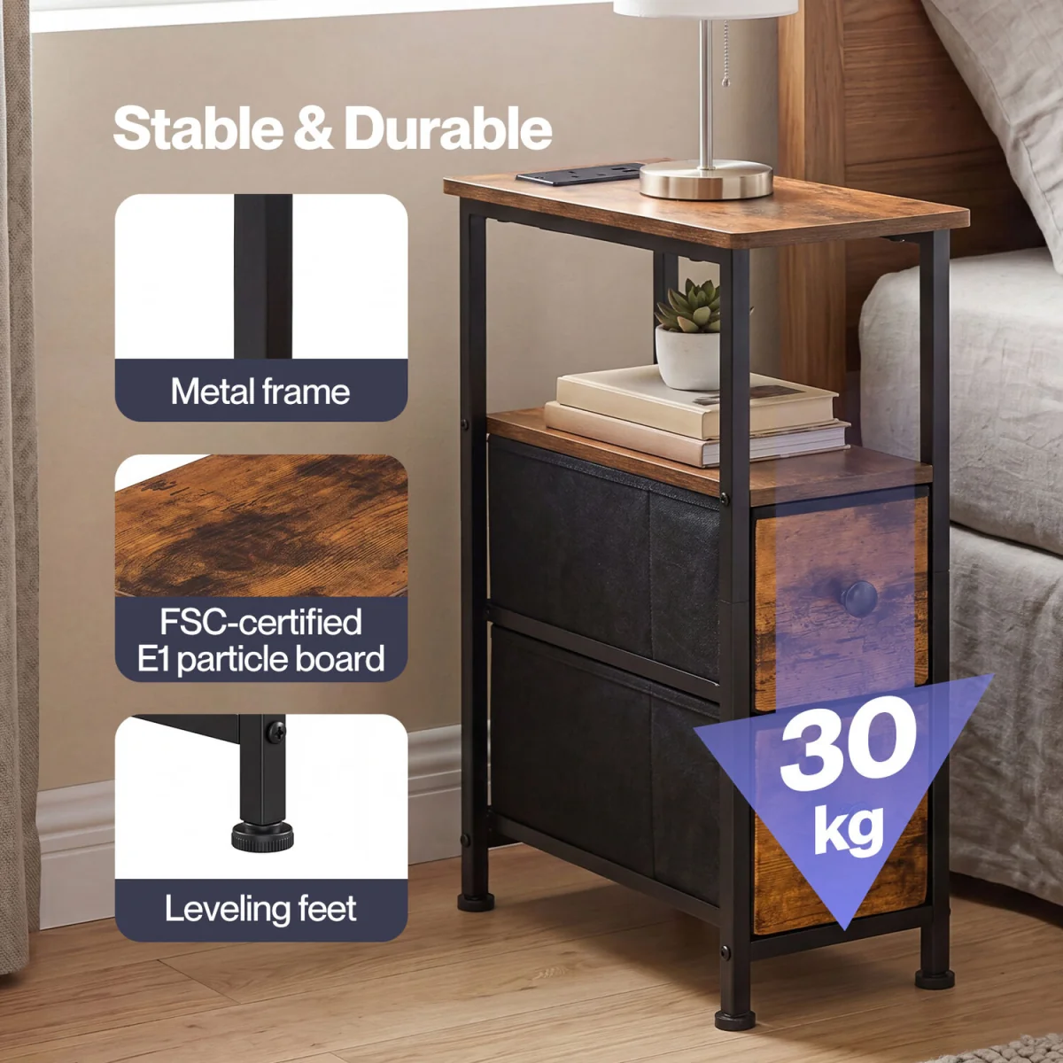 Bedside Table Narrow Side Table with LED Charging Station Brown - Brown – image 2