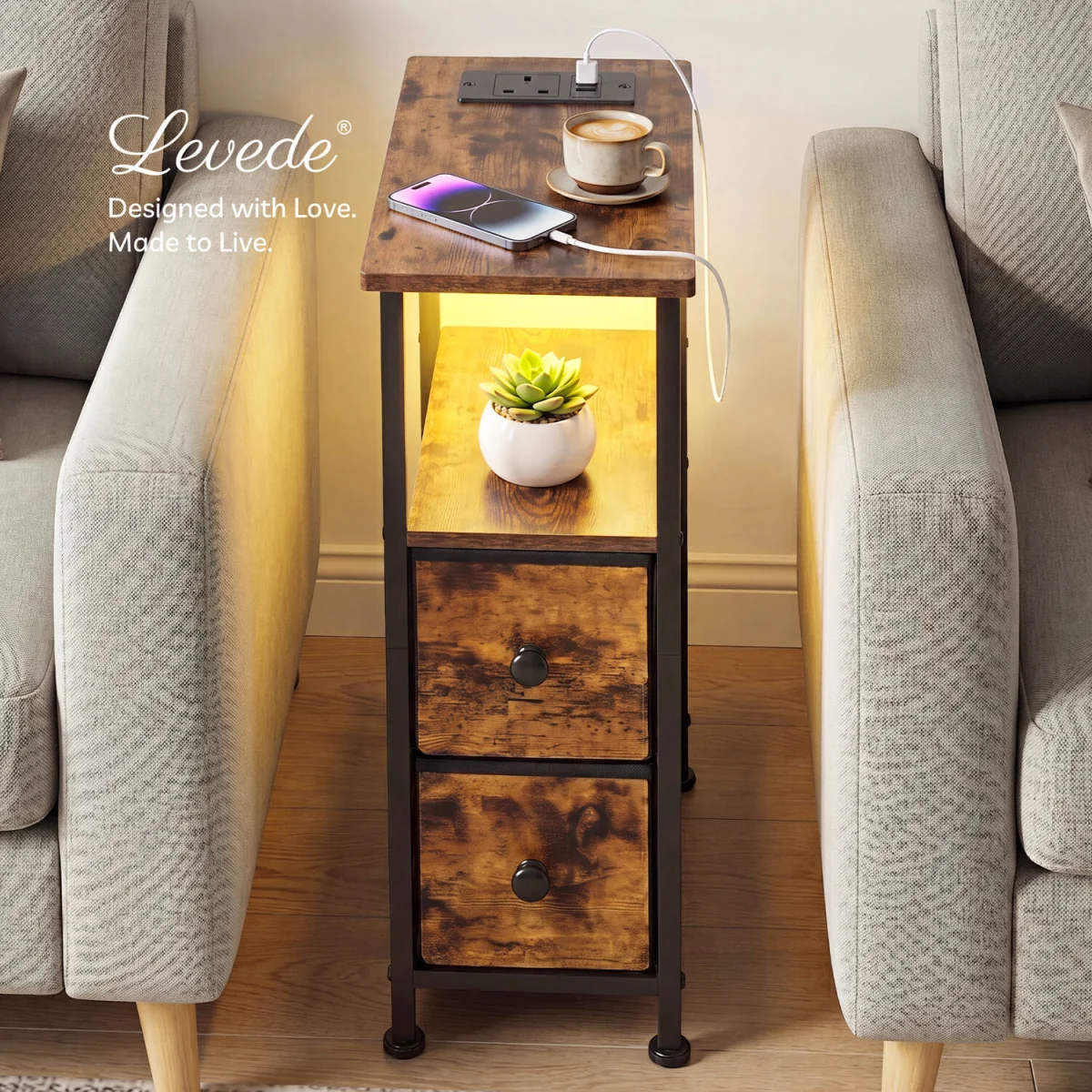 Bedside Table Narrow Side Table with LED Charging Station Brown - Brown – image 3
