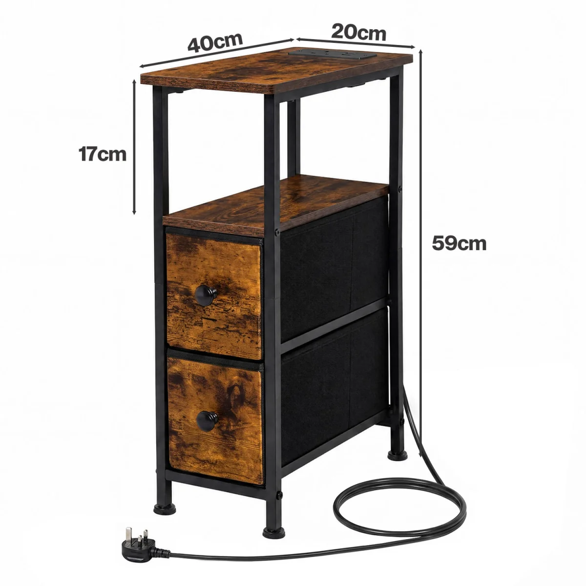 Bedside Table Narrow Side Table with LED Charging Station Brown - Brown – image 4