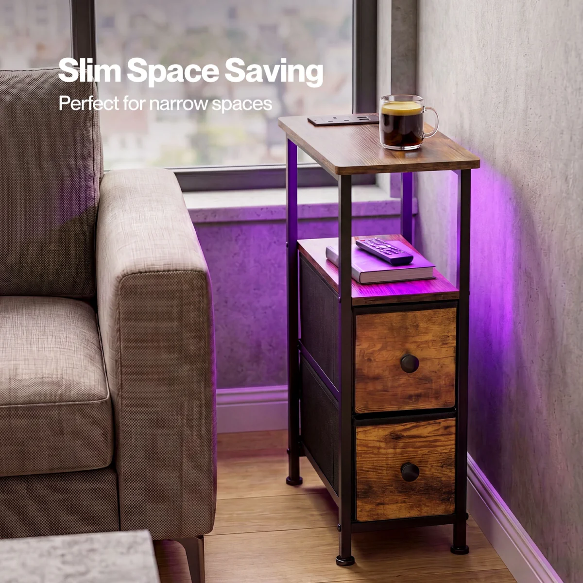 Bedside Table Narrow Side Table with LED Charging Station Brown - Brown – image 5