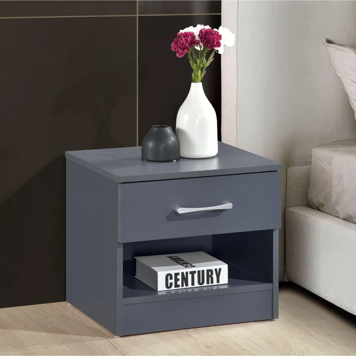 Highbury 1 Drawer Open Shelf Bedside Table - Dark Grey