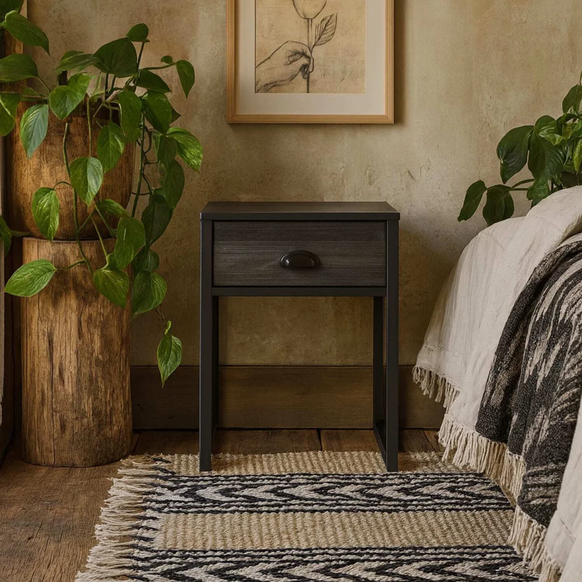 Rimini Slate Grey Oak Bedside Table with Drawer and Matte Black Frame - Black – image 2