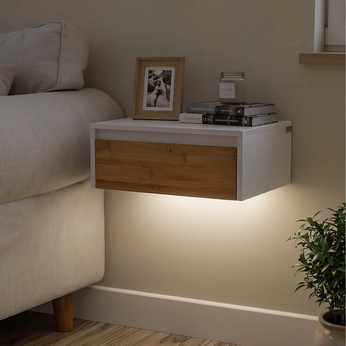 Floating Wall Mounted Bedside Table with Motion Sensor Light - White – image 8