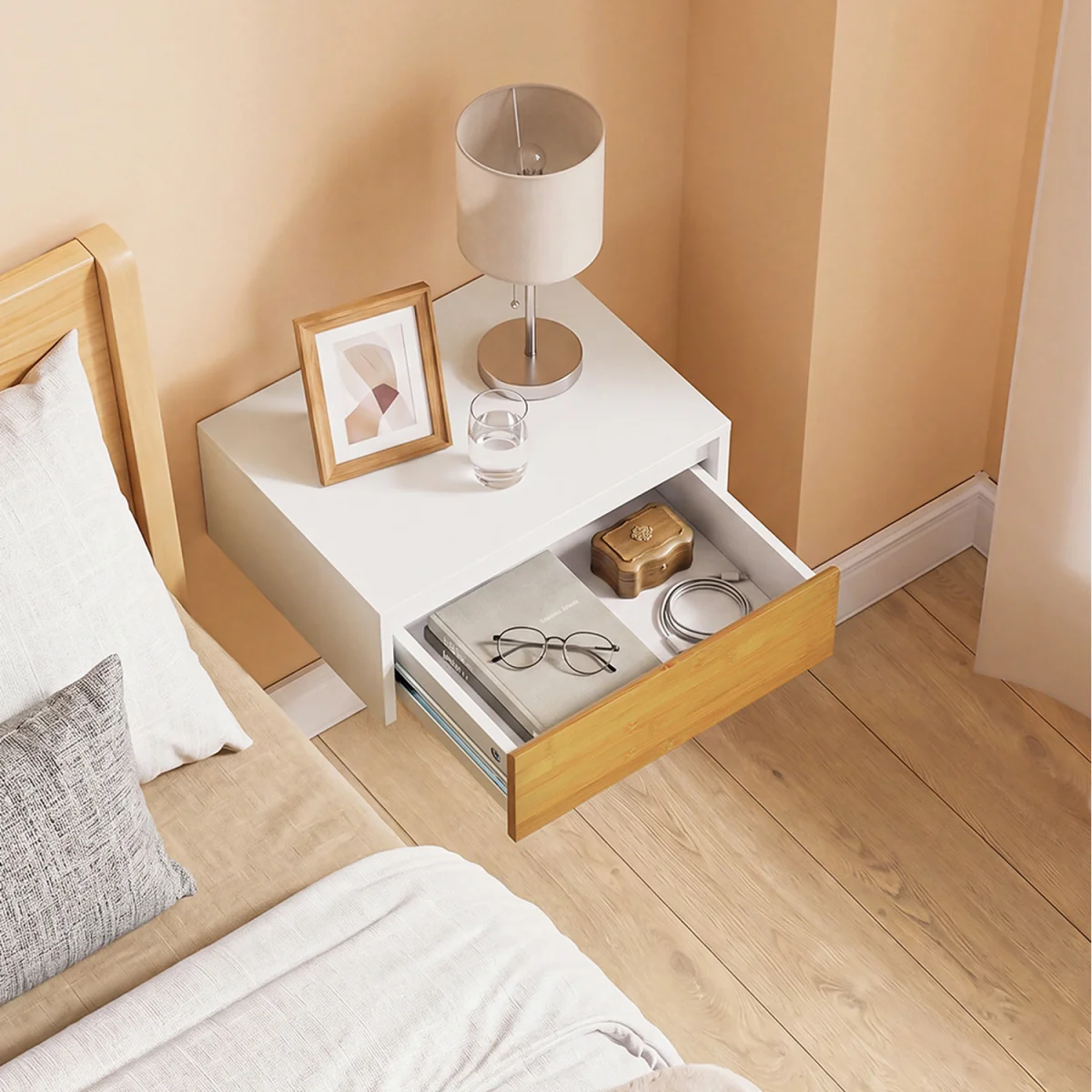 Floating Wall Mounted Bedside Table with Motion Sensor Light - White – image 1