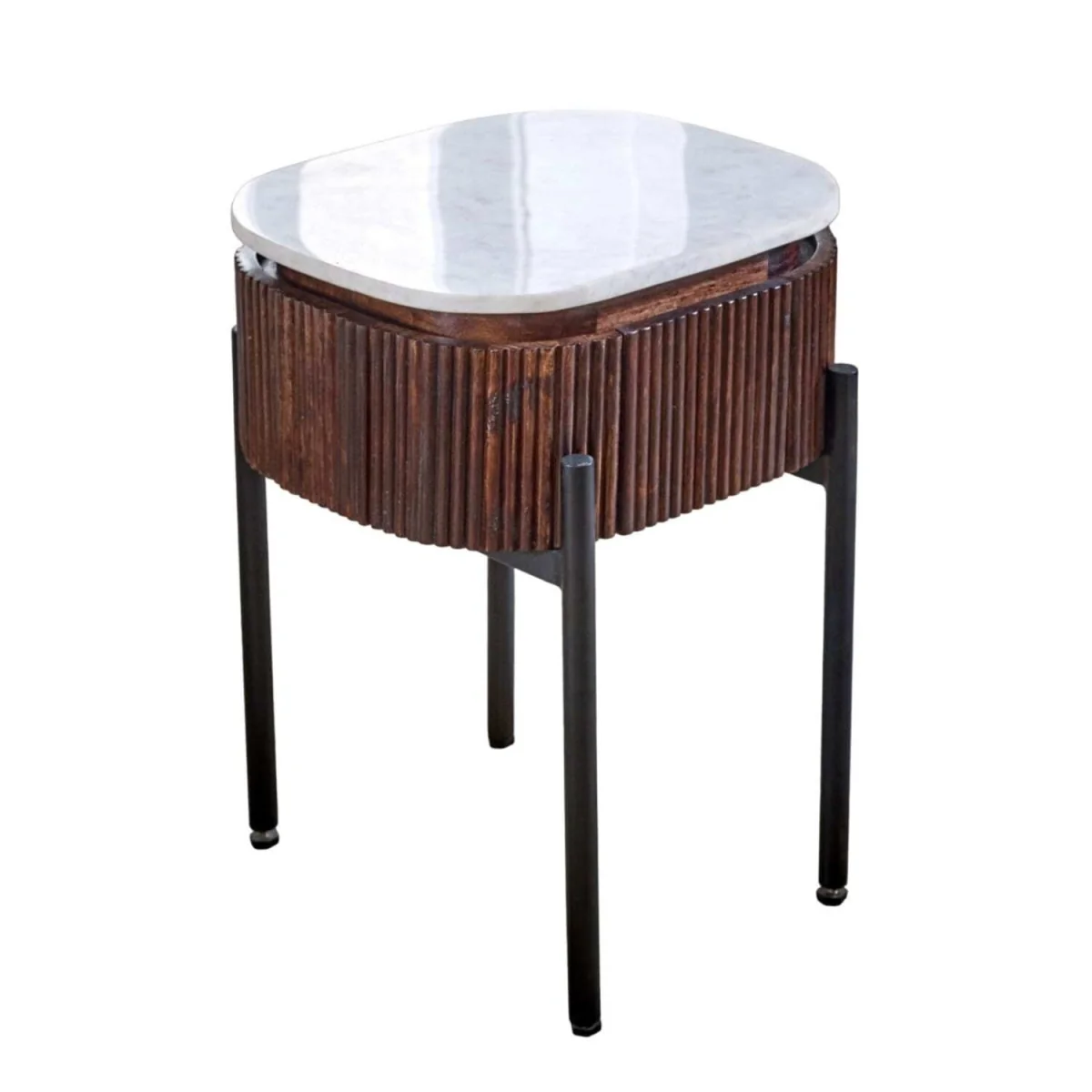 Alabama Ribbed Mango Wood Bedside Table with Marble Top and Metal Legs 1 Drawer - Brown – image 3