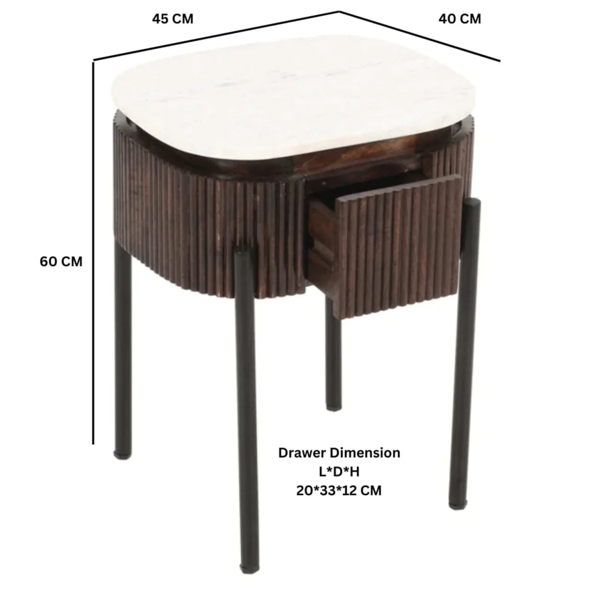 Alabama Ribbed Mango Wood Bedside Table with Marble Top and Metal Legs 1 Drawer - Brown – image 4