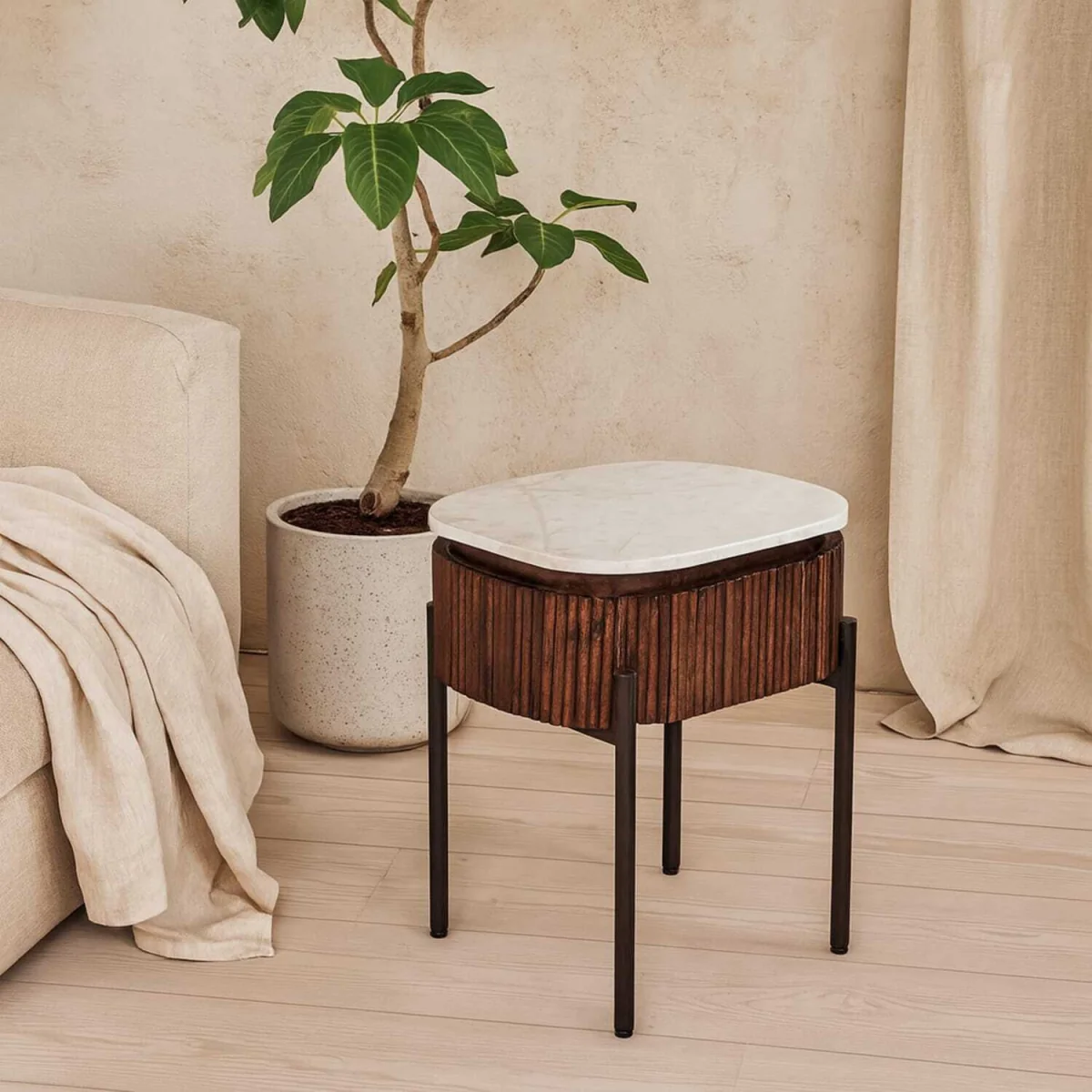 Alabama Ribbed Mango Wood Bedside Table with Marble Top and Metal Legs 1 Drawer - Brown – image 1