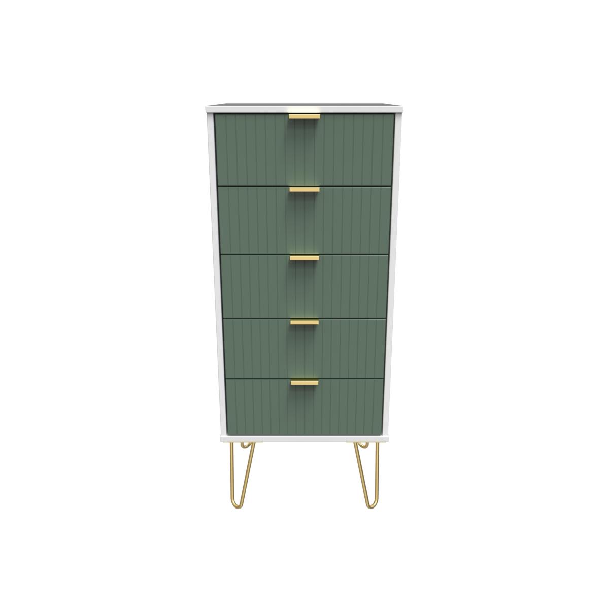 Linear Ready Assembled 5 Drawer Bedside Cabinet - Labrador Green & White