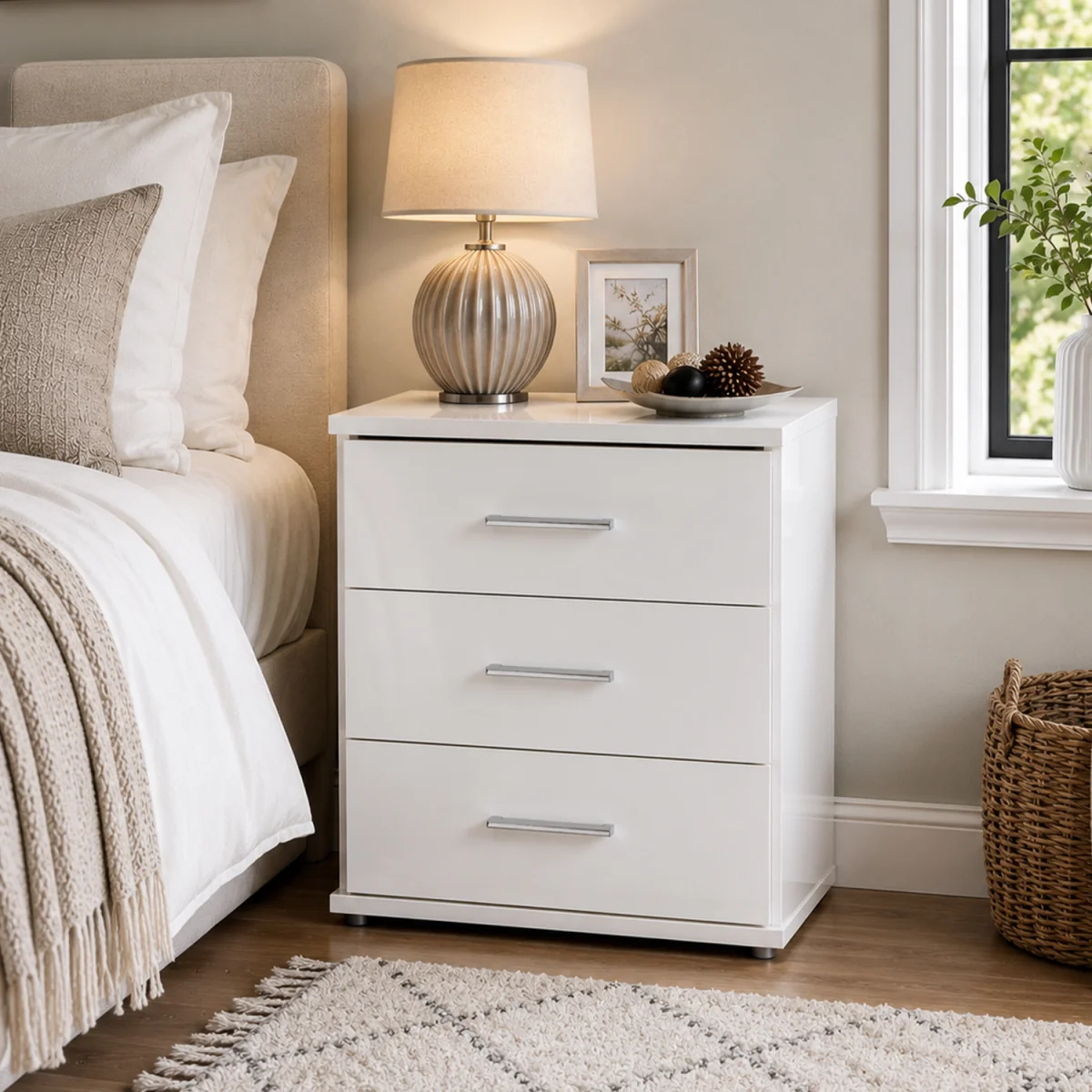 Clack White Gloss 3 Drawer Bedside Cabinet - White – image 1
