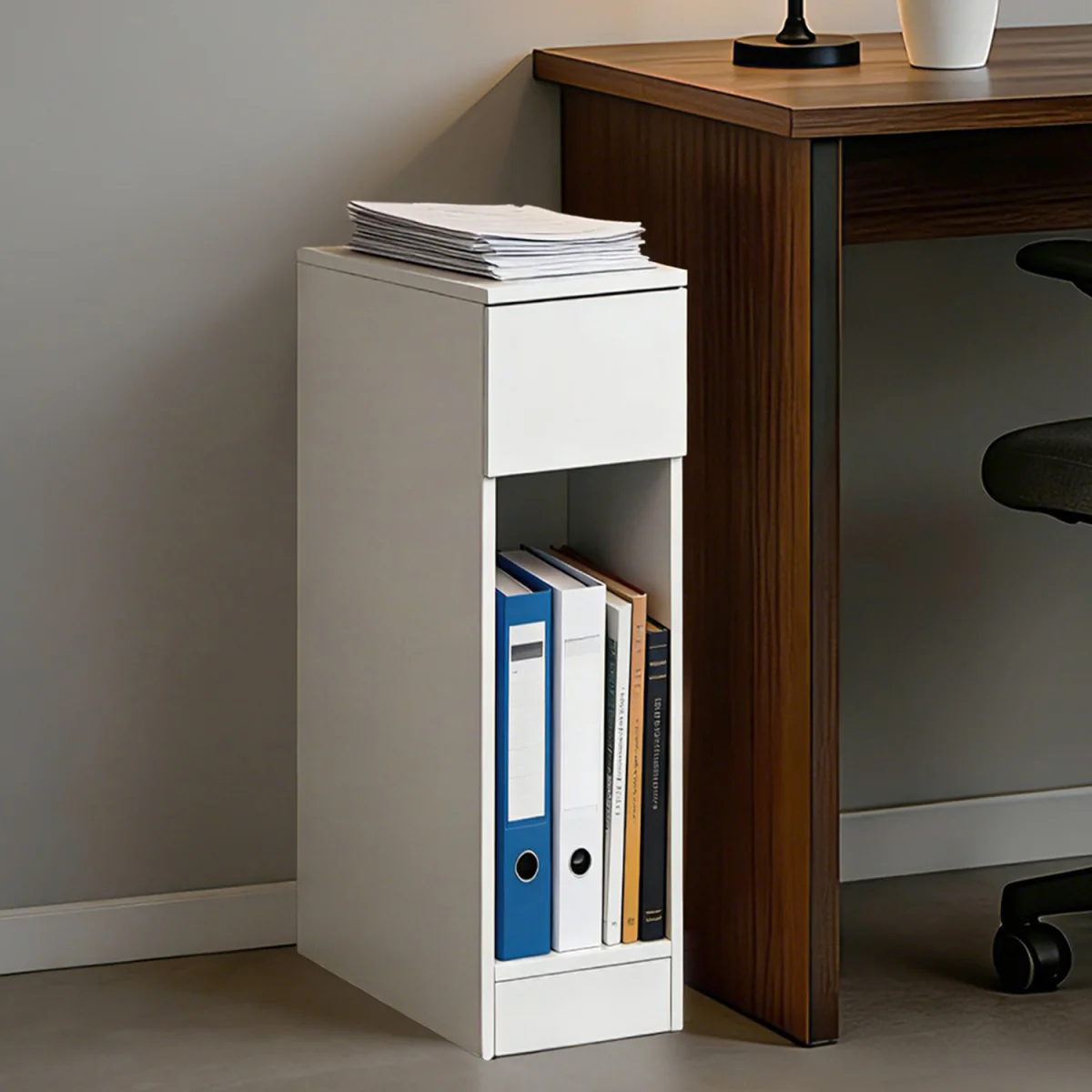 Bedside Table Cabinet  Narrow Slim Side Cabinet Drawer Open Shelf - White – image 4