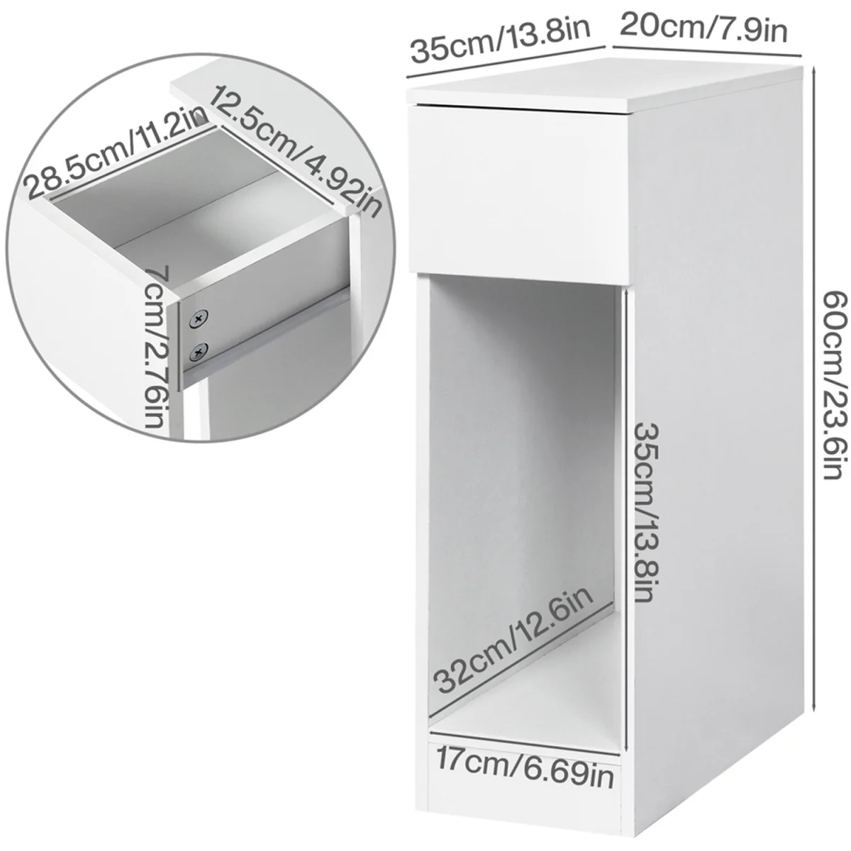 Bedside Table Cabinet  Narrow Slim Side Cabinet Drawer Open Shelf - White – image 6