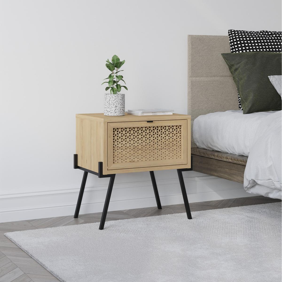 Naive Bedside Table Laser-Cut Flap with Metal Legs Storage Cabinet - Oak