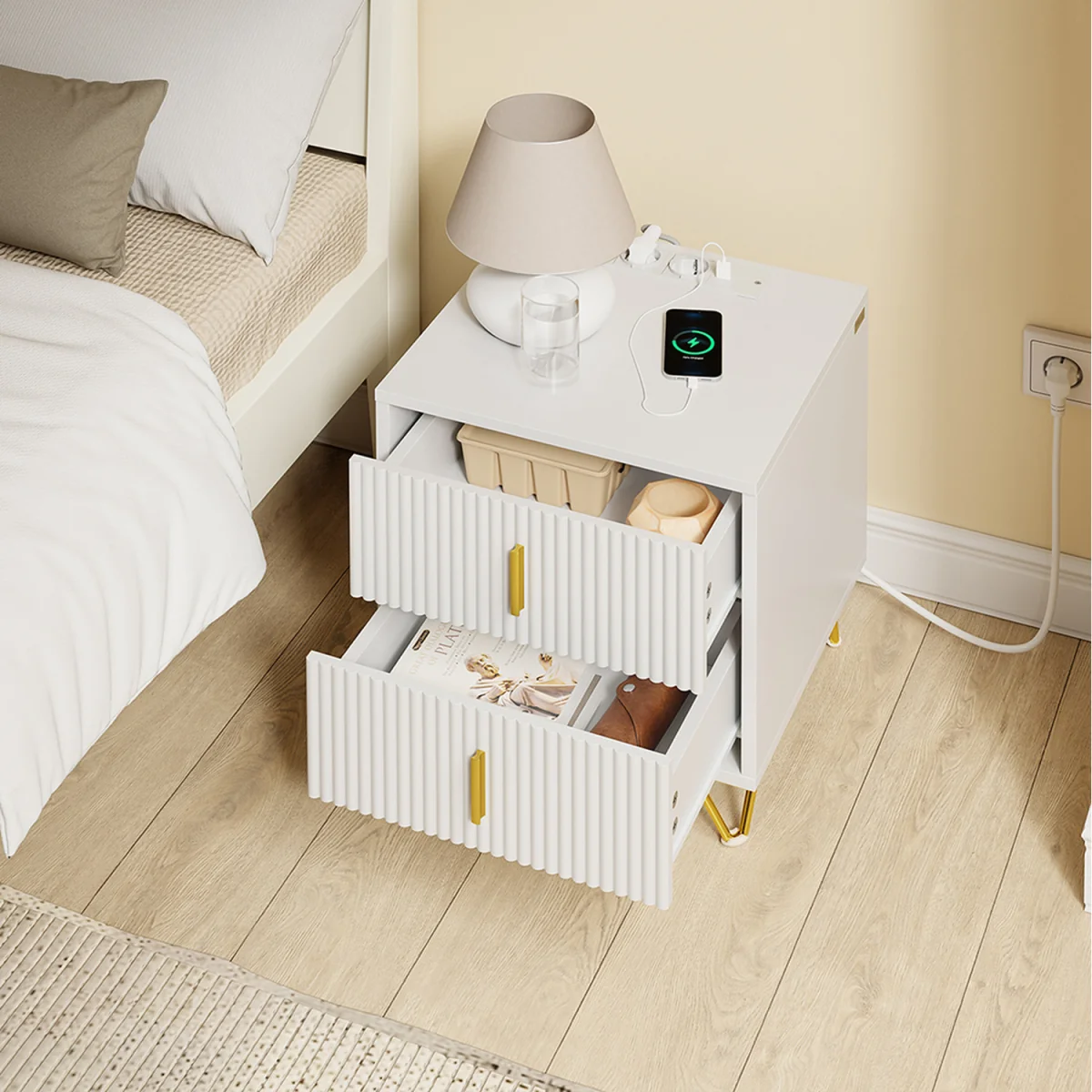 Nightstand Bedside Table with 2 Drawers and Charging Station - White – image 3