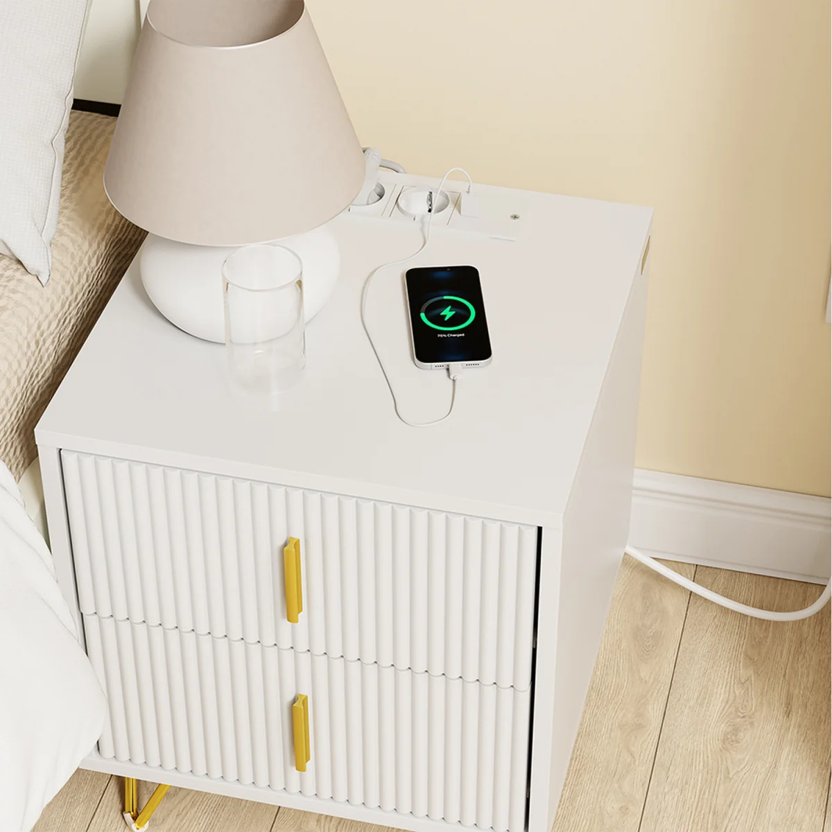 Nightstand Bedside Table with 2 Drawers and Charging Station - White – image 6