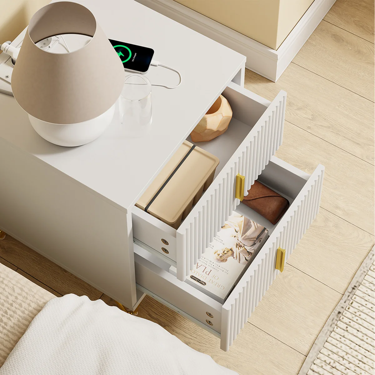 Nightstand Bedside Table with 2 Drawers and Charging Station - White – image 7