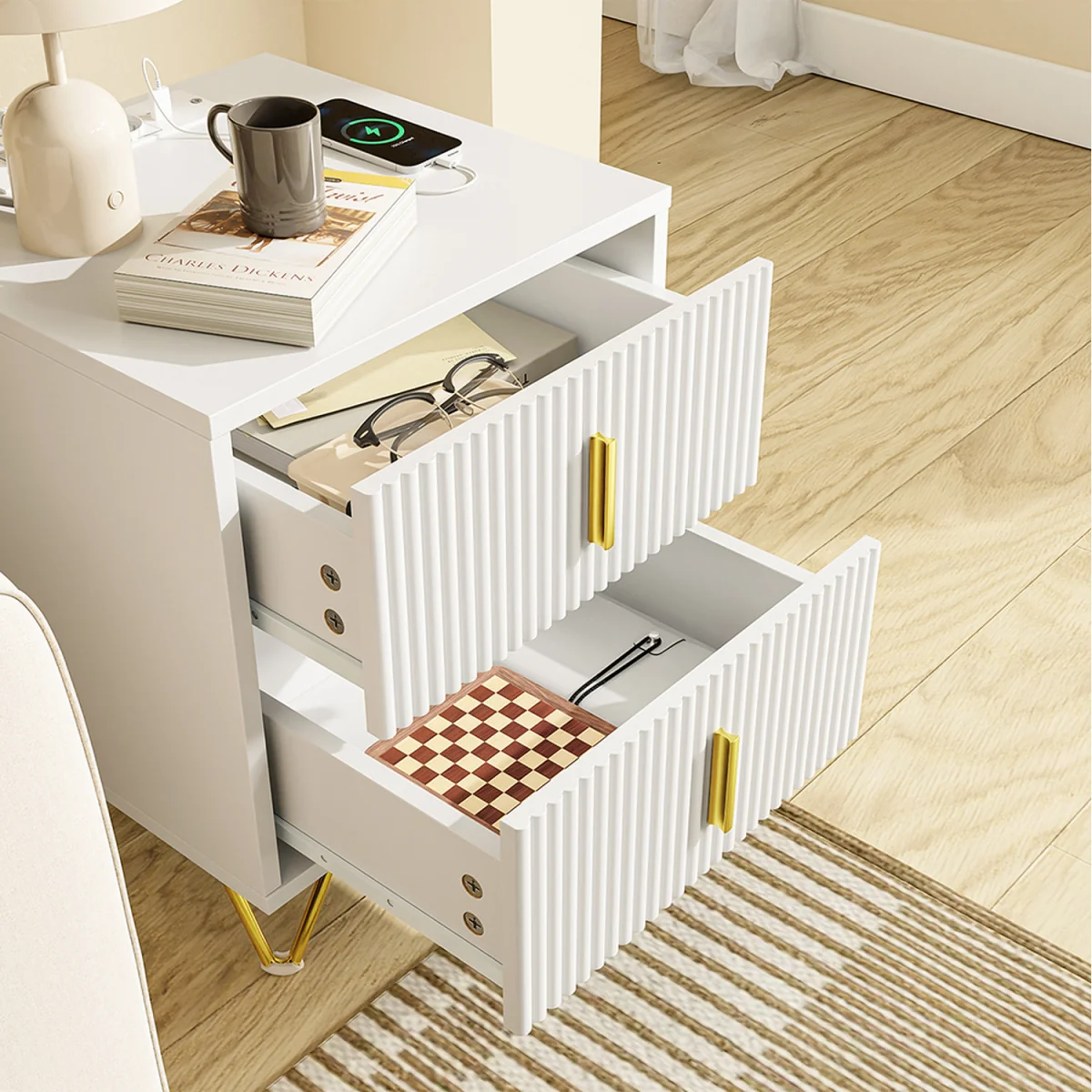 Nightstand Bedside Table with 2 Drawers and Charging Station - White – image 9