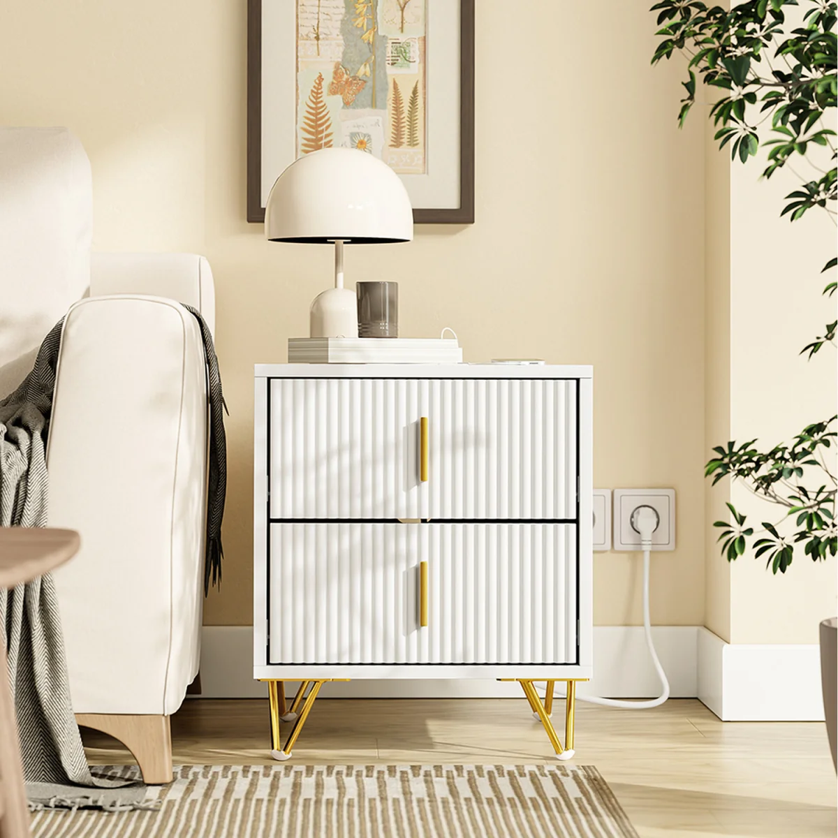 Nightstand Bedside Table with 2 Drawers and Charging Station - White – image 10