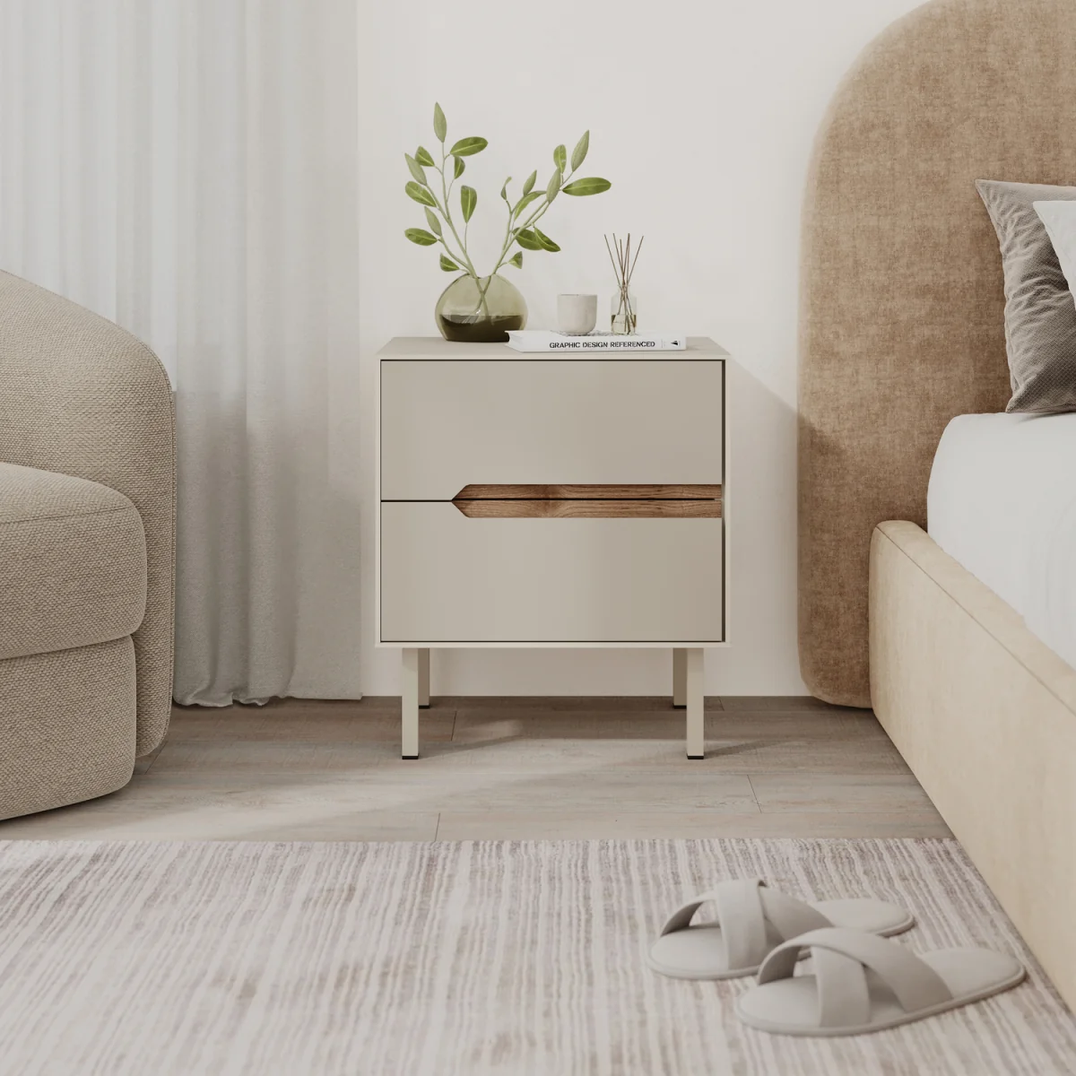 Decortie Arch Two Drawer Bedside Table - Sandstone, Whiskey Oak – image 2