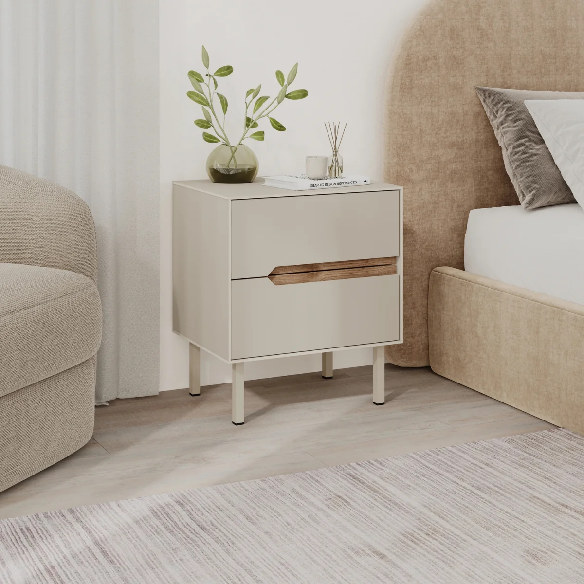 Decortie Arch Two Drawer Bedside Table - Sandstone, Whiskey Oak – image 3